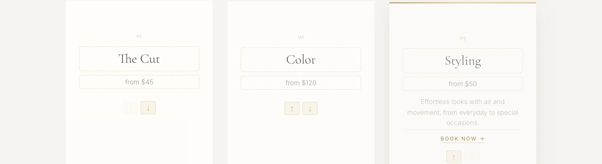 管理模式下服务卡片，金色虚线边框表示可编辑，↑↓ 按钮可排序