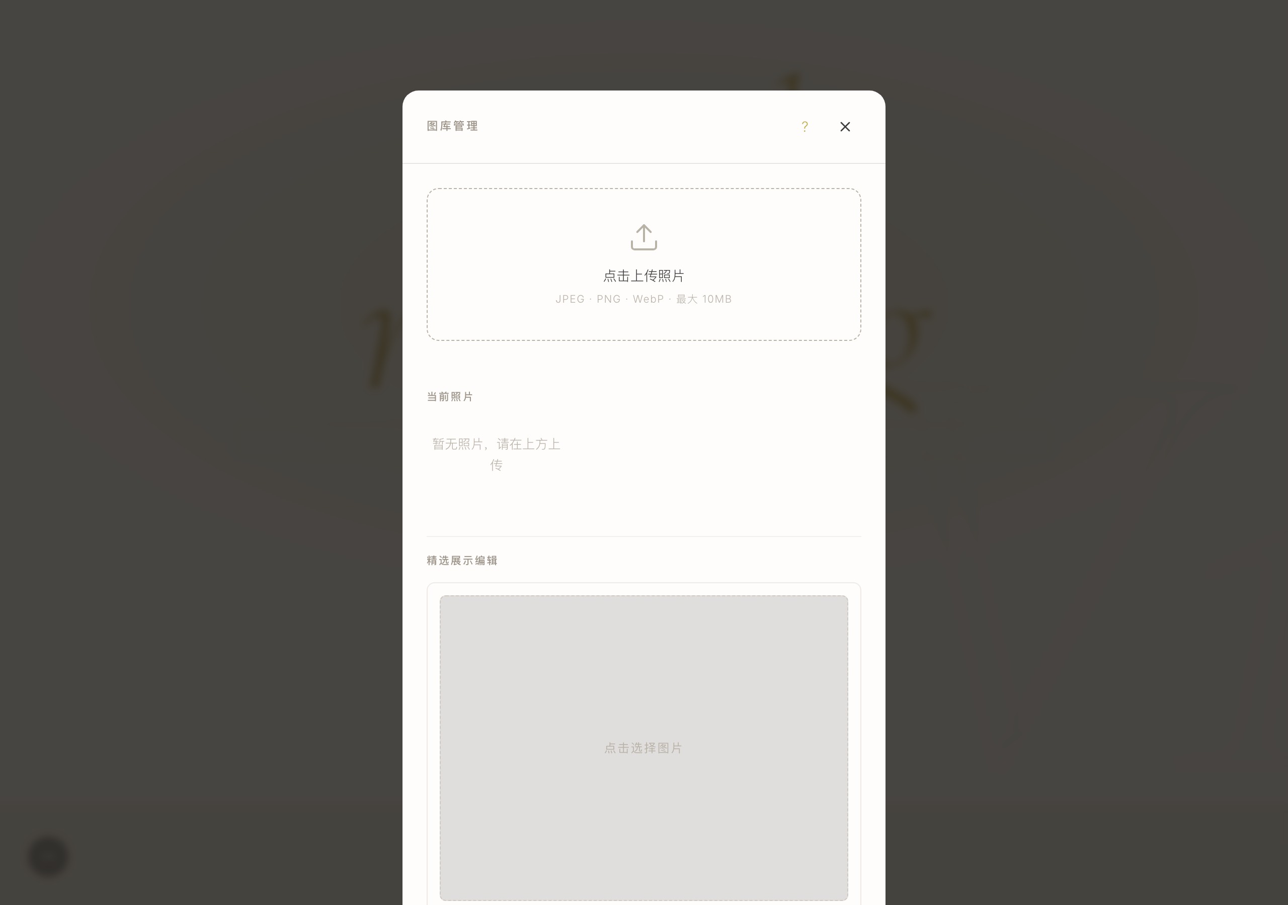 管理面板打开后，显示上传区域和照片网格